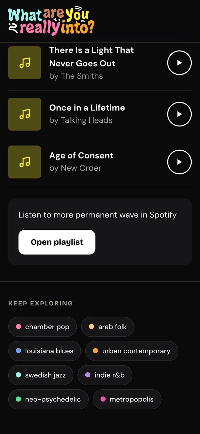 The end of a genre page: three tracks to start with, Open playlist, and chips for other genres.