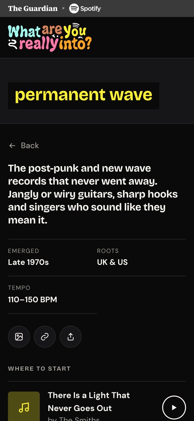 Permanent wave genre page without a footprint: a description, emerged late 1970s, roots UK and US, tempo 110 to 150 BPM.