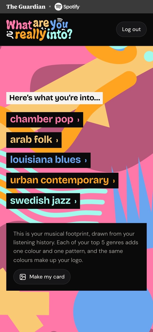 Your genres: chamber pop, arab folk, louisiana blues, urban contemporary and swedish jazz over your footprint, with a Make my card button.