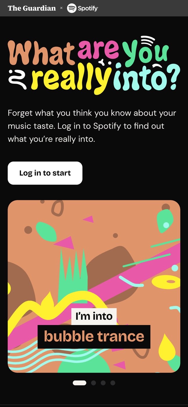 Landing screen: the logo, an invitation to log in to Spotify, Log in to start, and a footprint card reading I'm into bubble trance.
