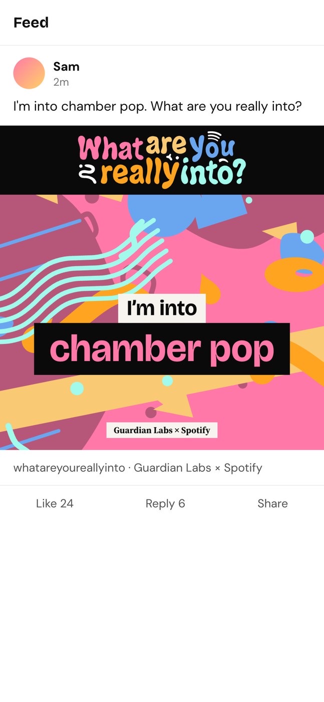 A social post: I'm into chamber pop. What are you really into? with the share card image.